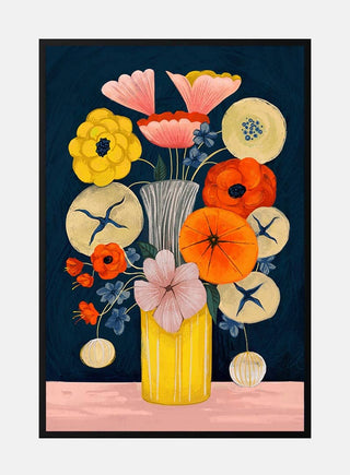 Colorful abstract flowers in a yellow vase on pink surface, artwork from Feel The Flowers by David Wolf.