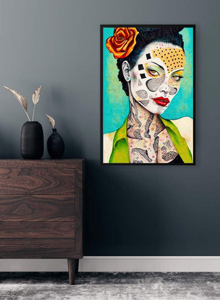 Framed "Tara Green" artwork by And Smiles hanging on a dark wall above a wooden dresser with vases.