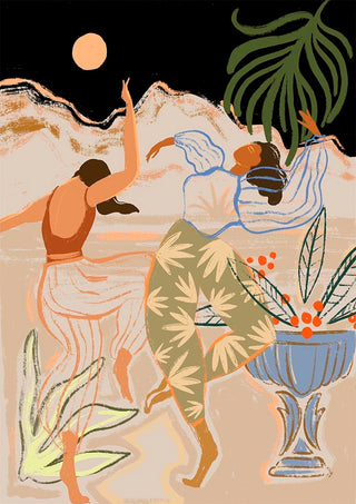 Two women dance under the moon with plants and mountains, from Moonlightdance by Arty Guava.