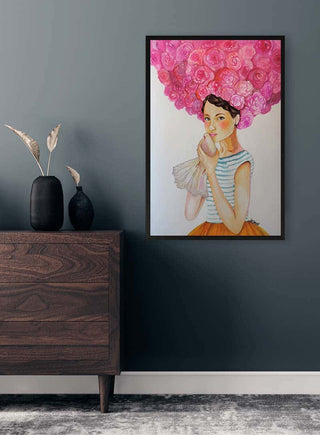 Audrey by Sylvie Demers: portrait of a woman with a pink floral headdress, striped top, and orange skirt.