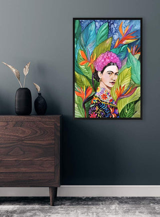 Colorful portrait of a woman with floral attire and pink hair, surrounded by tropical leaves and flowers.
