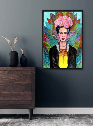 Framed Libertad artwork by Sylvie Demers featuring a colorful portrait, displayed on a modern dark wall.