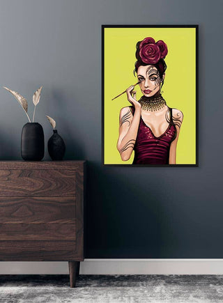 Framed "Touche - Kate Aitana" art print featuring a stylish woman with rose hair, on display in a modern room.