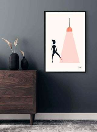 Framed "Step In" artwork by Sara Sonne above a dark wooden dresser in a modern room.