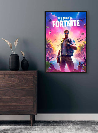 Poster of Fortnite Gamer II showing a character in sunglasses, bold text "My game is FORTNITE," on wall above dresser.