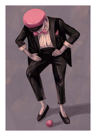 Illustration of Lady Chaplin in a tuxedo, pink hat and bow tie, standing over a red ball.