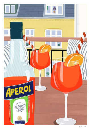 Illustration of Aperol and cocktails on a cozy balcony, perfect for relaxing moments with Altan Hygge - ByKammille.