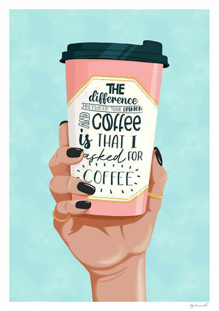 Illustration of a hand holding a pink coffee cup with "I asked for coffee" text, promoting Asked For Coffee - ByKammille.