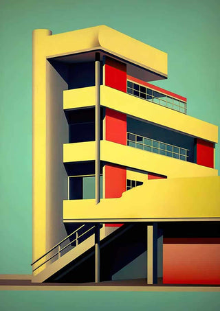 Modern three-story Bauhaus-style building with bold geometric forms and colorful facade, product: Tall Bauhaus.