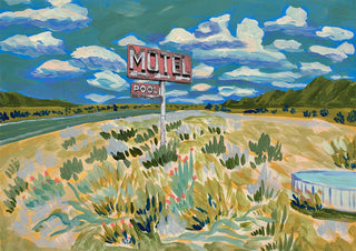 Painting of a rural motel sign reading "Motel Pool" in an open field under a blue sky from Meet Me At The Motel.