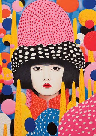 Colorful portrait of a young person with black bob, red lips, and dotted hat among vibrant abstract shapes.