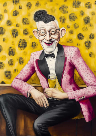 Stylish man in a pink tuxedo holding a drink, smiling against a yellow leopard-print background.