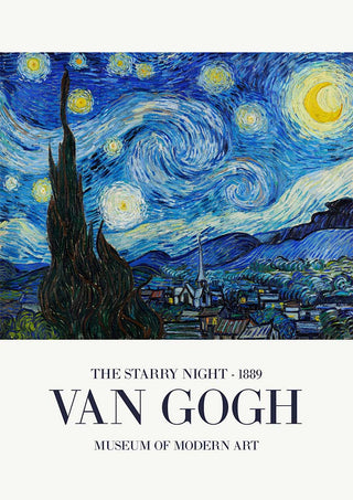 The Starry Night by Van Gogh, swirling night sky over a village, product image for Museum of Modern Art print.