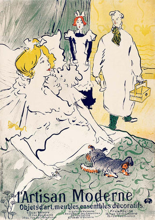 Artisan Moderne poster by Toulouse-Lautrec featuring elegantly dressed figures and a dog in an ornate interior.