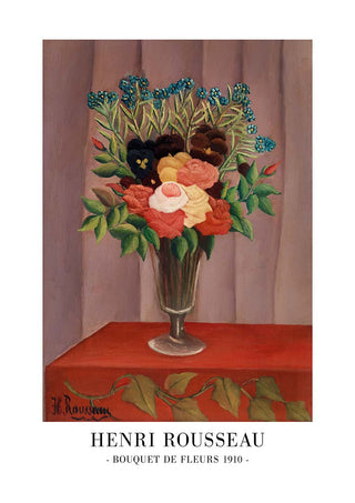Bouquet De Fleurs 1910 by Henri Rousseau: a vase of colorful flowers on a red table with a draped curtain backdrop.