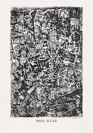 Abstract black and white artwork by Paul Klee, featuring intricate patterns and shapes, titled "Small World 1914".