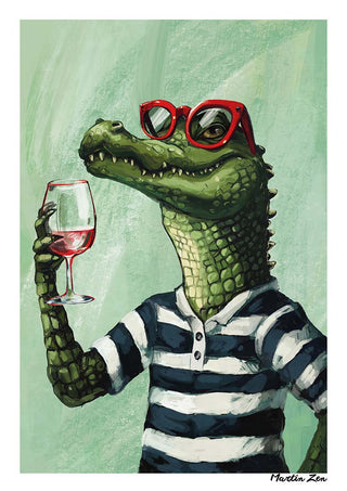 Illustration of an alligator in a striped shirt and red glasses holding a wine glass, by Martin Zen for Zoomelier.