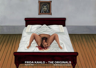 Frida Kahlo's "My Birth" painting showing a woman giving birth on a bed, with a portrait above the headboard.