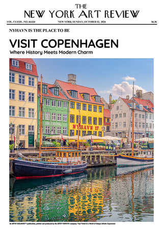 Colorful Nyhavn buildings reflected in the canal, featured on a Copenhagen-themed art review poster.