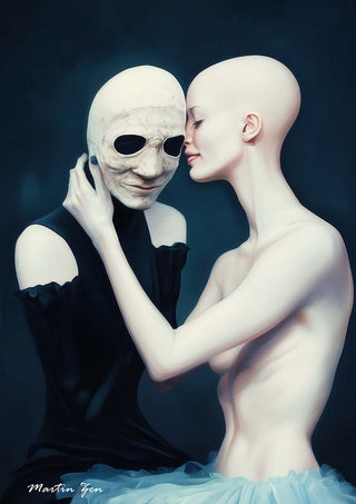 Surreal art of two figures embracing; one wears a mask, the other gently touches their face. Lovers by Nature - Martin Zen.