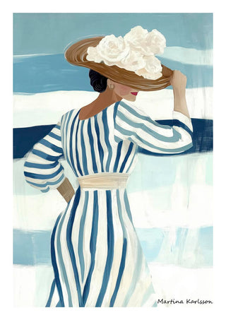 Woman in a blue and white striped dress with hat stands against abstract background; art by Martina Karlsson.
