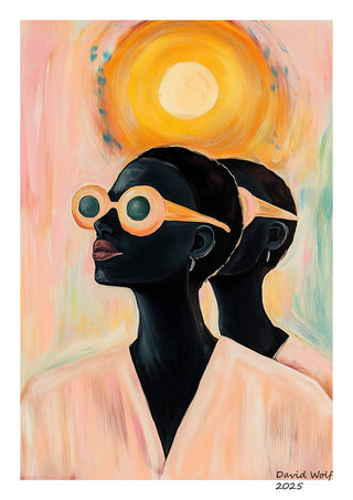 Painting of two figures in sunglasses beneath a radiant sun, from Sun Away by David Wolf.