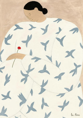 Artwork of a woman in a bird-patterned dress holding a single red flower, from Seem Like Now by Martina Karlsson.