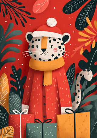 Festive cheetah in a Santa hat and scarf, surrounded by gifts and holiday foliage on a red background.