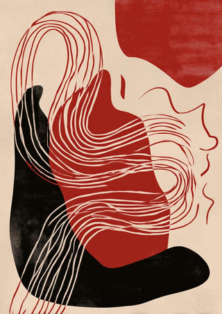 Abstract Christmas-themed art with flowing red, black, and cream shapes and lines on a beige background.