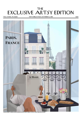 Woman enjoys breakfast with a view of the Eiffel Tower, featured on Paris Coffee Artsy Edition product page.