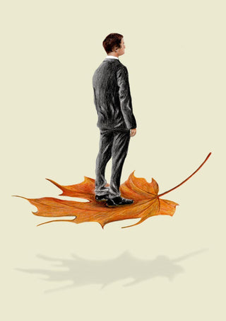 A man in a suit stands on a large autumn leaf, featured on the product page for Imagine being a leaf - Coco de Paris.