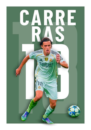 Carreras in a Real Madrid kit with number 18, running on the field; white bold text in the background.
