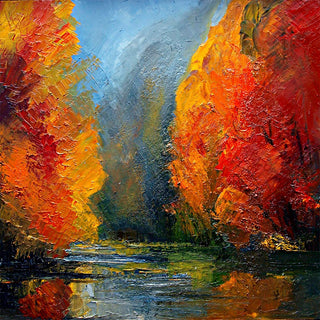 Impressionist painting of a river surrounded by vibrant autumn trees, from River by Justyna Kopania.