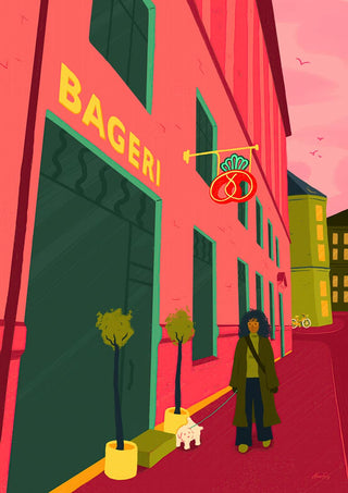 Illustration of a person with a dog outside a pink bakery, titled "Morning Mood - Nanna Paavig."