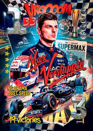 Colorful collage featuring Max Verstappen, Red Bull Racing car, trophies, and racing-themed graphics for Max - Ricardo Noble.