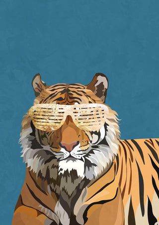 Illustration of a tiger wearing gold shutter shades, from Hip Hop Tiger by Sarah Manovski against a blue background.