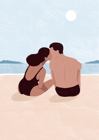Illustration of a couple sharing a first kiss on the beach under the sun, with mountains and sea in the background.