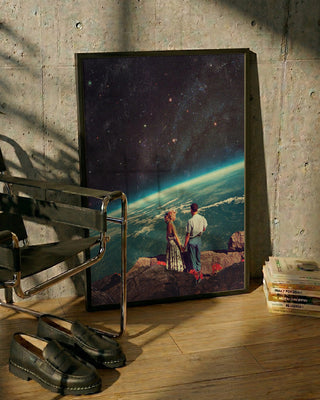 Framed Love - Frank Moth print showing a couple gazing at Earth from space, leaning against a wall.