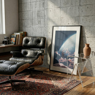 Framed "Often Mistaken for Absent" by Frank Moth leaning against a wall in a modern living room.