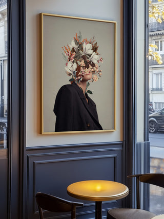 Framed Infinite Moments Infinite Autumns - Frank Moth art print of a woman with flowers instead of a face on wall.