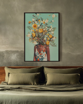 Framed "You Loved Me a Thousand Summers Ago" art by Frank Moth displayed above a bed with green pillows.