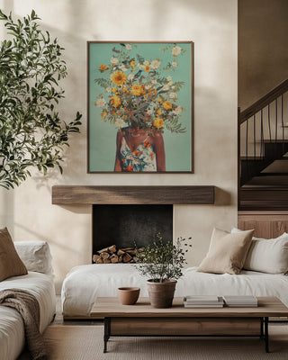 You Loved Me a Thousand Summers Ago art print by Frank Moth displayed above a modern living room fireplace.