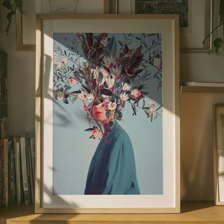 Framed print of "I Was Hidden but You Saw Me" by Frank Moth featuring a person with flowers obscuring their face.