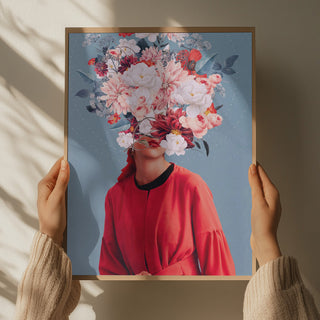 Framed art print of a woman in red with her face obscured by a vibrant bouquet, "We Gathered In Spring."