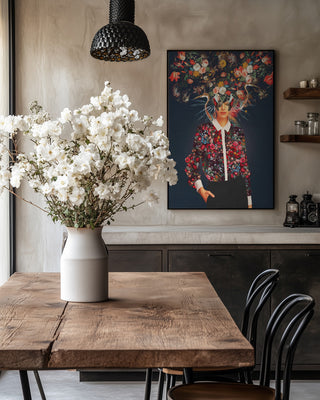 Bright Bloom by Frank Moth art print displayed above a wooden dining table with white flowers in a vase.
