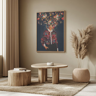 Bright Bloom - Frank Moth artwork displayed in a cozy, modern living room with neutral decor and natural textures.
