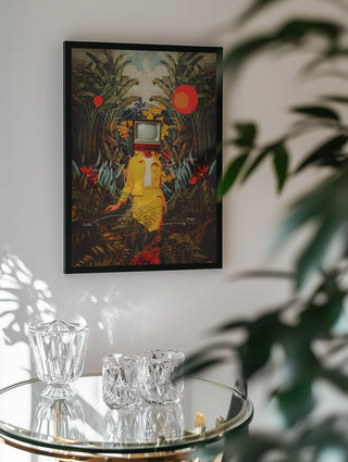Framed "She Came From the Wilderness" by Frank Moth hanging on a wall above a glass table with crystal decor.