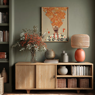 Bird Flight In Autumn by Frank Moth displayed above a wooden sideboard with vases, flowers, and woven baskets.
