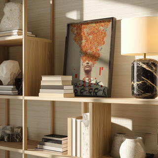 Framed art print of "Bird Flight In Autumn" by Frank Moth displayed on a wooden shelf in a modern living room.