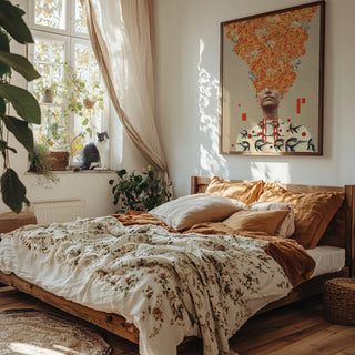 Cozy bedroom with autumn decor, featuring "Bird Flight In Autumn - Frank Moth" artwork above the bed.